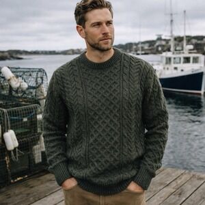 Rue Saint Patrick Ireland 100% Wool Aran Cable Knit Sweater Green Men's L $238